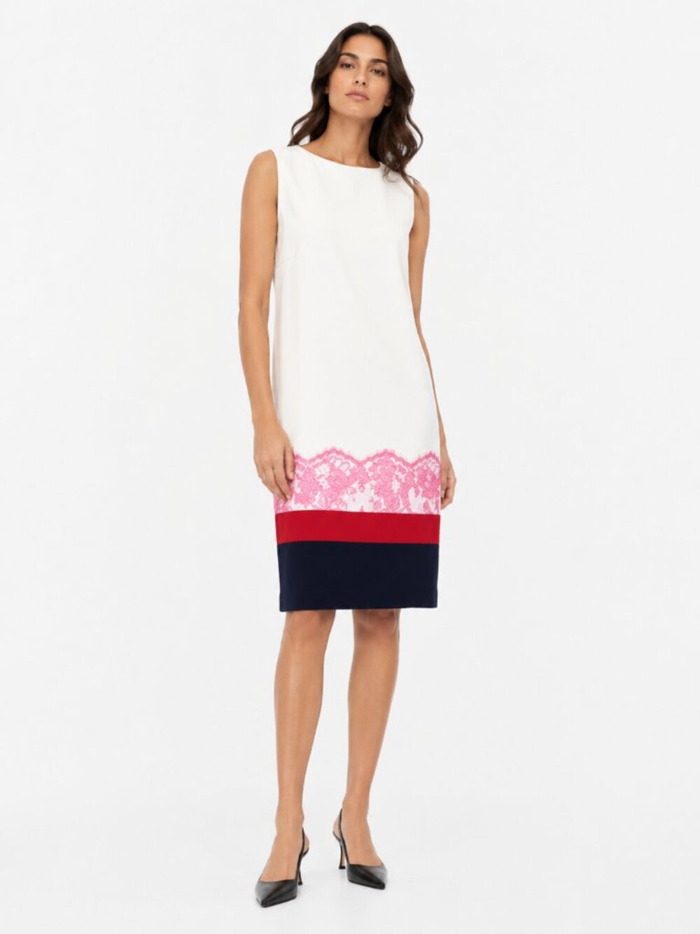 ICEBERG WHITE PINK LACE RED NAVY STRIPED SHIFT SLEEVELESS DRESS - M